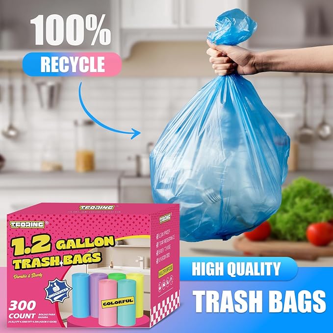 T.FORING 300 Count 1.2 Gallon Trash Bags - 4.5 Liter Colored Small Garbage Bags Unscented Mini Can Liners Leakproof & Tear Resistant for Bathroom, Office, Home