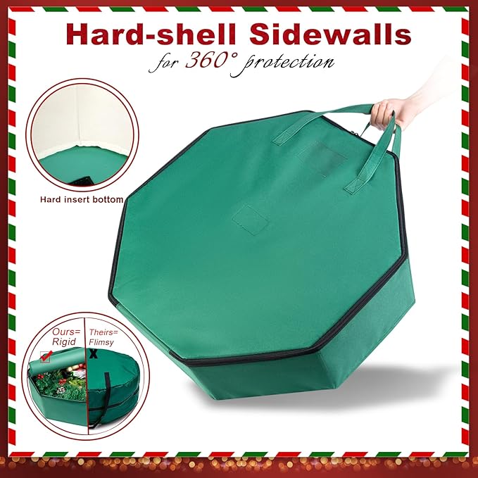 Wreath Storage Christmas Garlands Bag with Interior Pockets Large Xmas Container Box for Holiday Decorations Case with Dual Zipper and Handles Window Labeling Card Slot 24" Green