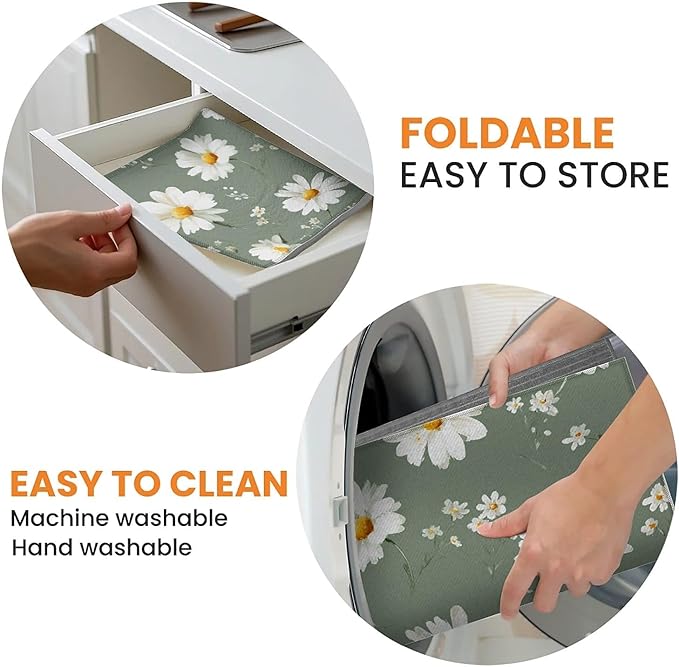 Dish Drying Mat For Kitchen Counter, White Daisy Flowers Microfiber Absorbent Dish Drainer Rack Pad Reusable Large 18x24in Drying Mat