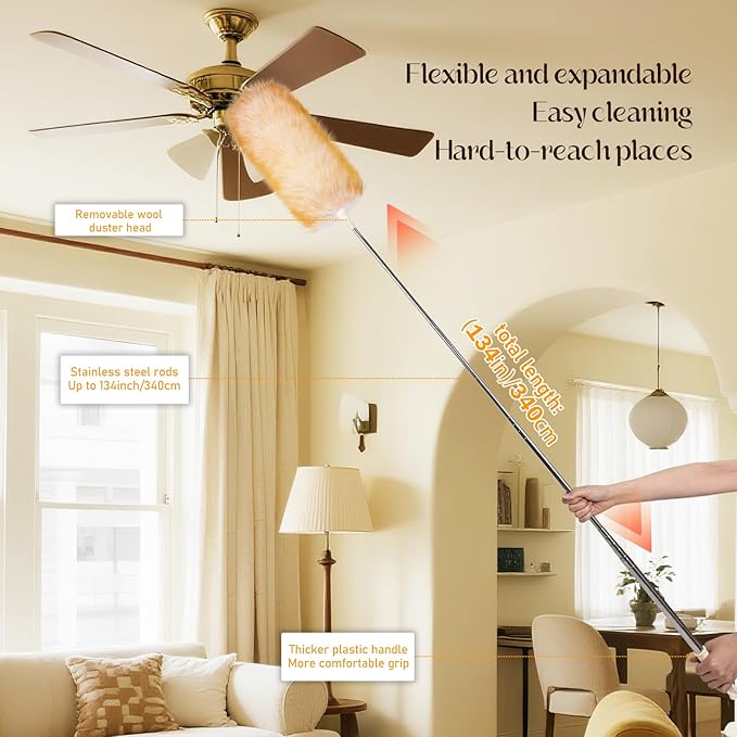 iHUFeather Extendable Lambswool Duster Stainless Steel Handle 133" Removable Feather Duster for Cleaning Ceiling Fans Interior Roof Furniture, Yellow