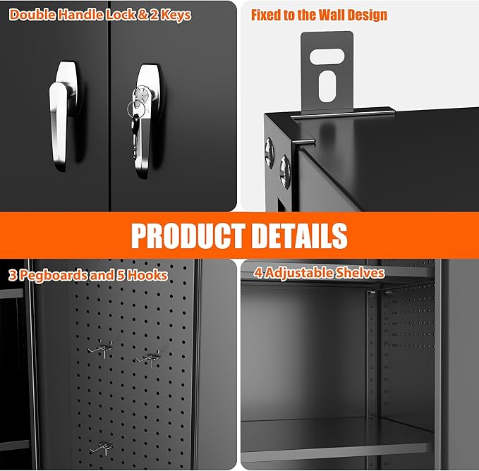 Aobabo Extra Large Cabinet with Wheels, Metal Storage Cabinet with Pegboards, 2 Handles Locking Doors and Adjustable Shelves, for Garage Office, Black, 43.3''W x 21.6''D x 72''H, Assembly Required