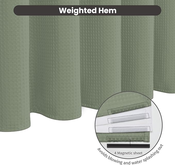 Inhousolu No Hook Waffle Weave Shower Curtain with Removable Snap in Fabric Liner Set for Bathroom, 230 GSM Heavy Duty Weighted Hem, Water Repellent Washable Bath Curtains, 36 x 72 Inch, Sage Green