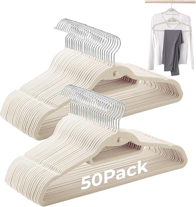 Limogoo Ivory Velvet Hangers 50 Pack, Felt Covered Non Slip Fabric with Stackable Cascading Hook, Ultra Thin and Space Saving with 360° Swivel Neck, 15Lbs Capacity for Clothes, Suit, Shirt, Coat