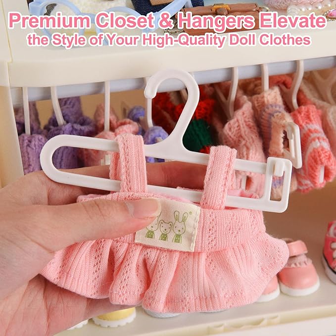 Foldable Doll Clothing Closet for Lububu - Double Sliding Door Stackable Storage Box for 4-7 Inch Doll Clothes, Premium Doll Clothes Organizer with 10 Hangers & 1 Hanging Rod (Gray)