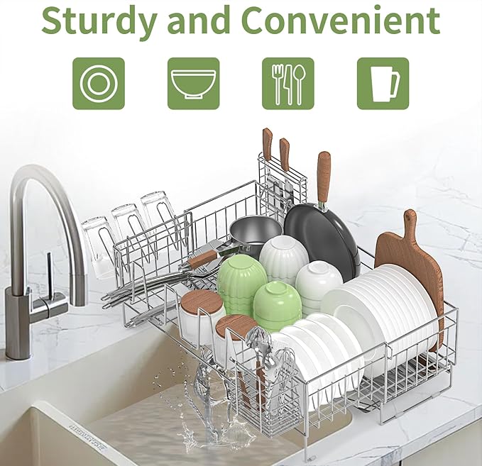 Large Dish Drying Rack - Rust Resistant Dish Rack,Expandable Kitchen Counter,Drainage Board with Sloped Design,Removable Cutlery Holder,Cup Knife Holder,Easy-to-Clean Full Hollow Design-Silver-L