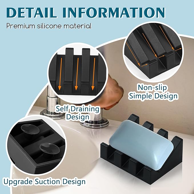 Silicone Soap Dish with Drain, Upgrade Double Suction Cups at The Bottom for Anti-Slip and Stability, Soap Dish Shower Waterfall Bar Soap Holder Tray with Drain Soap Holder (4, Black)
