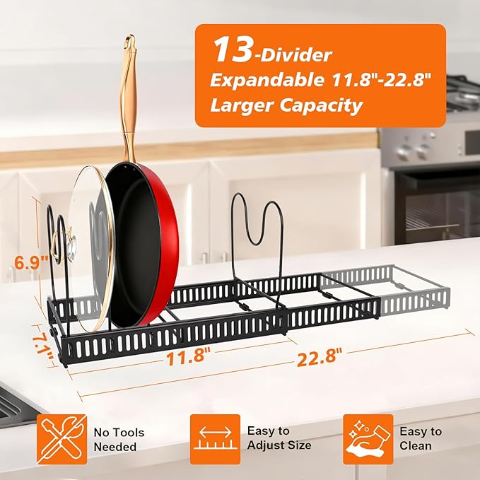 HuuDraLono Pot and Pan Organizer Rack for Under-Cabinet Storage - Adjustable Kitchen Cabinet Organizer with 13 Dividers, Expandable Cutting Board Holder & 6 Non-Slip Silicone Pads-Black