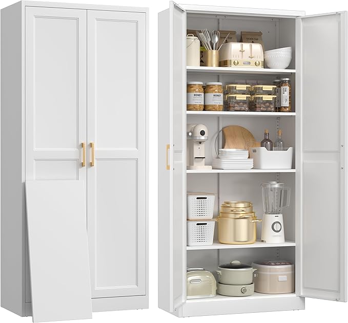 71" Kitchen Pantry Cabinet, Pantry Storage Cabinet with Doors and 4 Shelves, Metal Storage Cabinets for Kitchens, Living Room, Dinning Room, Assembly Required, White