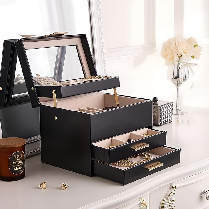 Lolalet Jewelry Box, Clear Window Jewelry Organizer with Drawer for Earrings Bracelets Necklaces Rings, Jewelry Storage for Women -Black, 4 Layers
