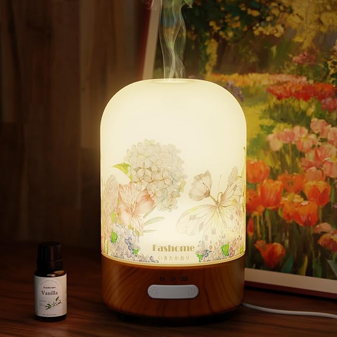 Essential Oil Diffuser Hand Blown Glass, 100ml Small Aromatherapy Diffuser, Auto Shut-Off Function, Ultrasonic Diffusers for Essential Oils, Cool Mist Humidifier with Warm White Lights (Vanilla Oil)