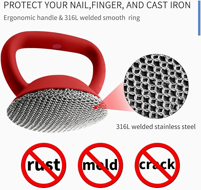Cast Iron Cleaner Scrubber with Heavy Duty Handle, 3mm Welded Chain Mail Scrubber for Pan Pot Grill- Small Ring Chainmail Grill Scrubber Metal Scrub Sponge Skillet, Oven, Griddle, Wok Cleaning Brush