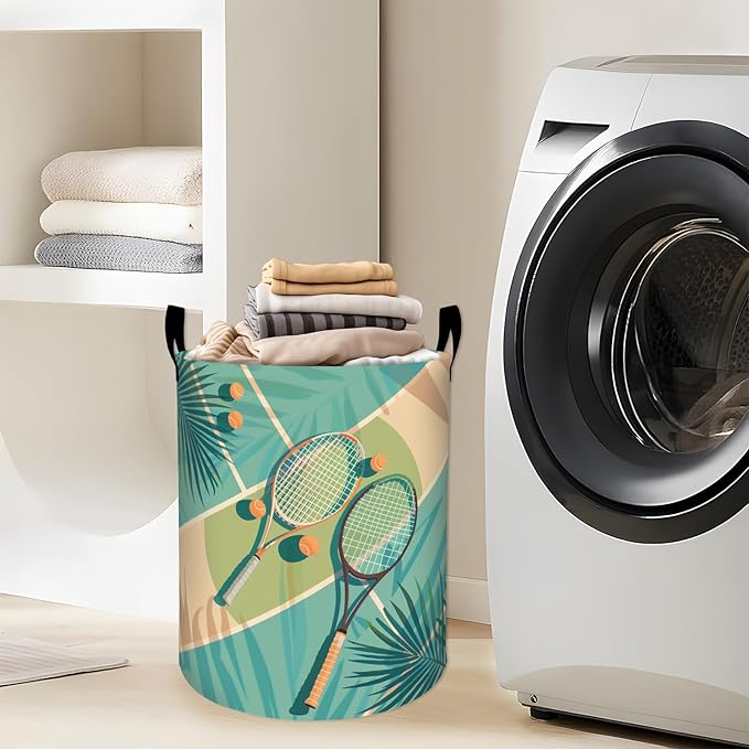 Tropical Tennis Rackets and Balls Laundry Basket with Handles, 19.7"x15.7" Clothes Foldable Laundry Hamper Organizer for Dorm Nursery Bedroom Bathroom Decor, Toy Storage Bin for Kids