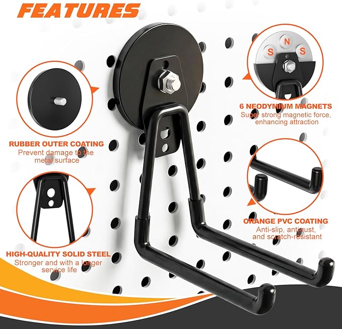 Heavy-Duty Storage Magnetic Hooks，No Need for Drilling, with Anti-Slip Coating, Suitable for Garages, Workshops, Kitchens, Storage Cabinets, RVS, Garden Tool Storage (Black 4 pcs)