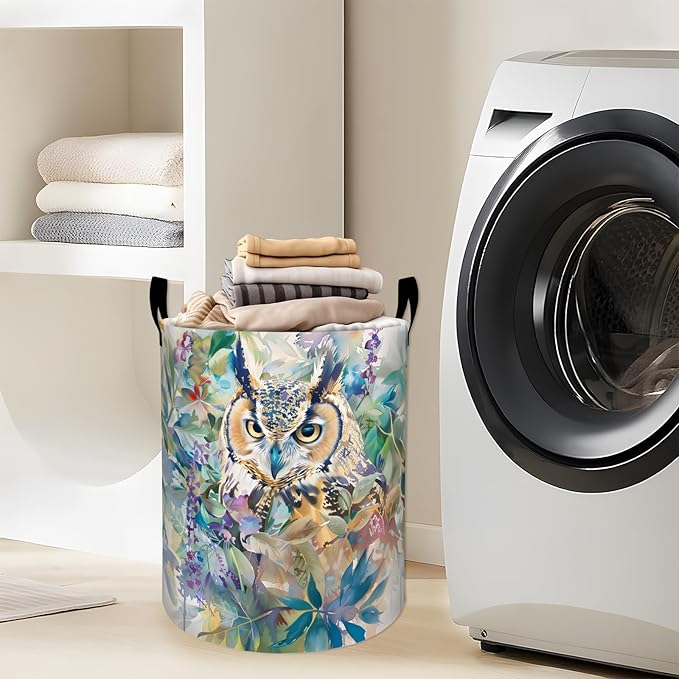 Watercolor Owl with Leaves Flowers Laundry Basket with Handles, 19.7"x15.7" Clothes Foldable Laundry Hamper Organizer for Dorm Nursery Bedroom Bathroom Decor, Toy Storage Bin for Kids
