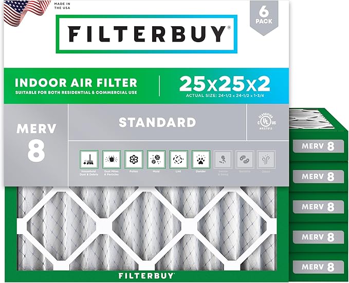 Filterbuy 25x25x2 Air Filter MERV 8 Essential Dust & Allergy Defense (6-Pack), Electrostatic Pleated HVAC AC Furnace Filters Replacement, Made in USA (Actual Size: 24.50 x 24.50 x 1.75)