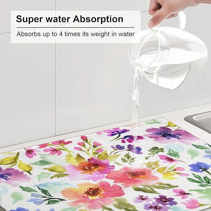 Floral Dish Drying Mats for Kitchen Counter Large Drying Mat for Dishes Microfiber Dish Rack Mat Kitchen Decor Spring Summer Flowers Drainer Pad Washable Ultra Absorbent Dry Mat 18×24 Inch