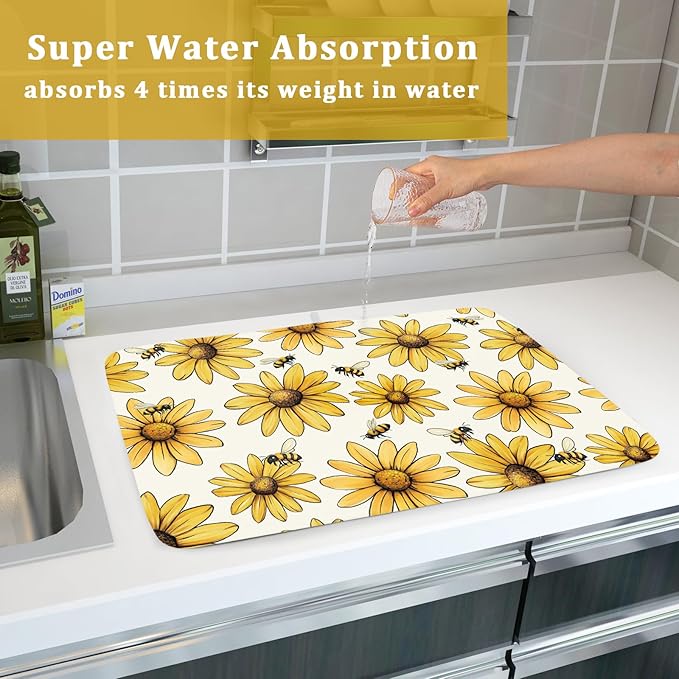 ABSOP Spring Summer Sunflower Bee Dish Drying Mat of Kitchen Counter 18×24 Inch Floral Drainer Pad Flower Dish Rack Pad Drainer Mat Washable Absorbent Reversible Microfiber for Coffee Bar