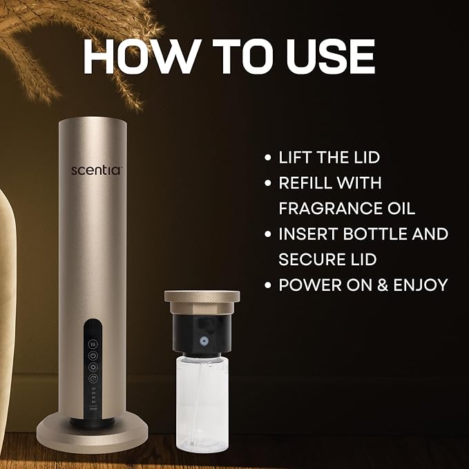 Scentia Hotel Scent Diffuser Starter Kit | Wireless & App Controlled Cold Air Essential Oil Diffuser for Home, Office Spa, Aromatherapy Diffuser | Covers 1500 Sq Ft | Gold | Hotel Oils Included