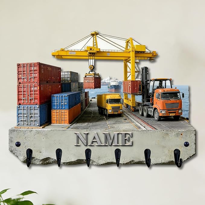 Personalized Wooden 2D Flat Print Container Truck Themed Wall Hooks for Living Room Hallway Office Custom Name Container Crane Coat Rack Port Transportation Key Storage Holder for Women Men Friends
