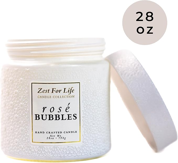 A Cheerful Giver - 28oz Large Scented Candle Jar with Lid- Zest for Life - 130 Hours of Burn Time, Gift for Women (Large, Rosé Bubbles)