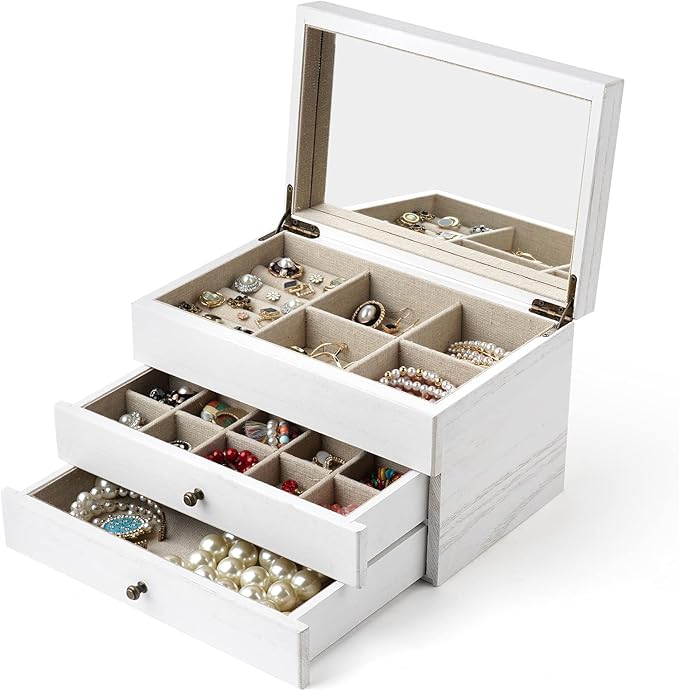 Meangood Jewelry Box Organizer for Women, 3 Layer Large Jewelry Storage Case, Rustic Wooden Jewelry Box with Mirror & Ring Tray for Necklace Earring Bracelets Rings, Vintage Style (White)