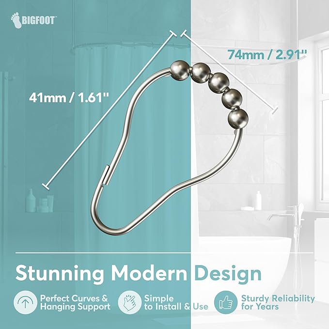 BigFoot Shower Curtain Hooks, Durable Stainless Steel, Rust Resistant, Easy Installation & Smooth Glide, Fits Standard Shower Rods, Metal Curtain Rings, 12 Pieces, Nickel Color