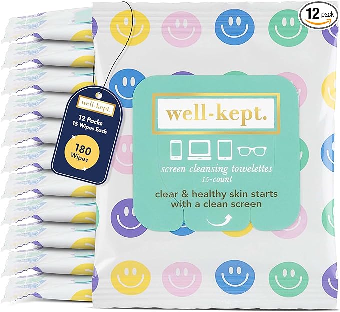 Well-Kept Tech & Lens Wipes - Eyeglass, Screen & Phone Cleaning, Multi-Surface, Lint-Free, Pre Moistened, Streak-Free & Non Scratching - All Smiles, 12 Pack (180 Count)