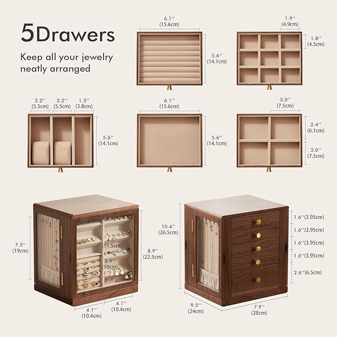 Black Walnut Wooden Jewelry Box - 360° Rotating Jewelry Organizer for Women with 5 Drawers for Rings,Necklaces,Earrings and Bracelets -Large Storage Case - Valentines Day Gifts for Her