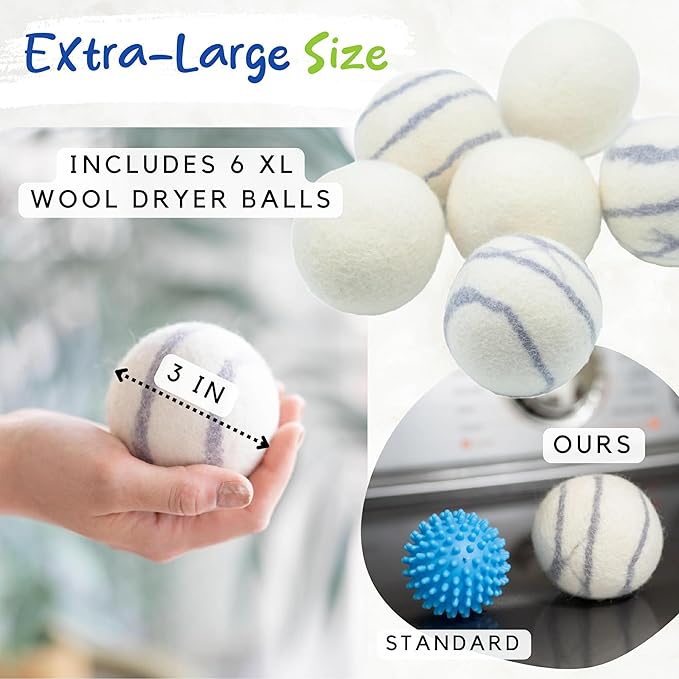 Organic Wool Dryer Balls Laundry Reusable (Set of 6) XL - 100% Pure New Zealand Wool - Natural Anti Static Fabric Softener Balls