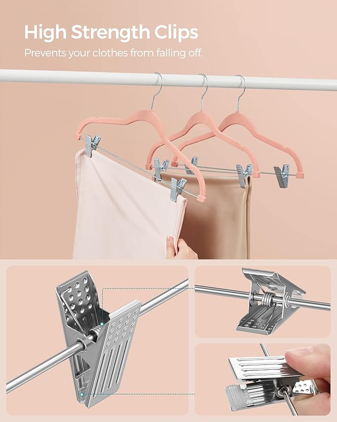 SONGMICS 30-Pack Pants Hangers, 16.7-Inch Long Velvet Hangers with Adjustable Clips, Heavy-Duty, Non-Slip Skirt Hangers, Space-Saving for Pants, Skirts, Coats, Dresses, Light Pink UCRF12PK30
