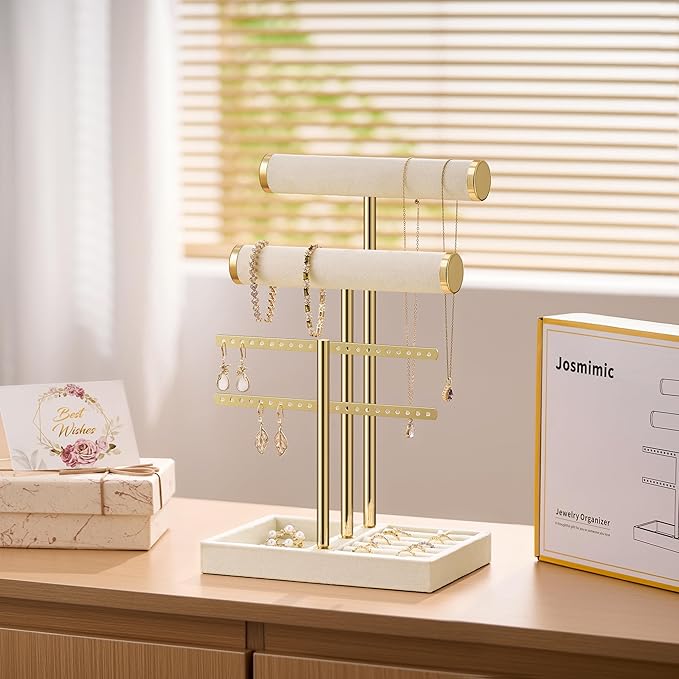 Josmimic Bracelet Holder Jewelry Organizer Display - 3 Tier T Bar Velvet Stand, Beige Jewelry Storage for Bracelet, Necklaces, Earrings, Rings, Watches
