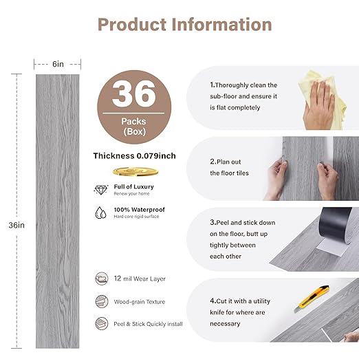 Peel and Stick Floor Tile, INMOZATA Self Adhesive Vinyl Plank Flooring Wood Grain Look 36-Pack 54 Sq.Ft Grey Waterproof Tile Sticker for Bedroom, Living Room, Kitchen, RV(Slategray)