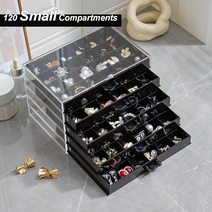 Earring Storage Box Organizer, Acrylic Jewelry Storage Box Holder 5 Drawers Transparent Jewelry Display Stand with 120 Small Compartments Gift Boxes for Women Girls (Black)