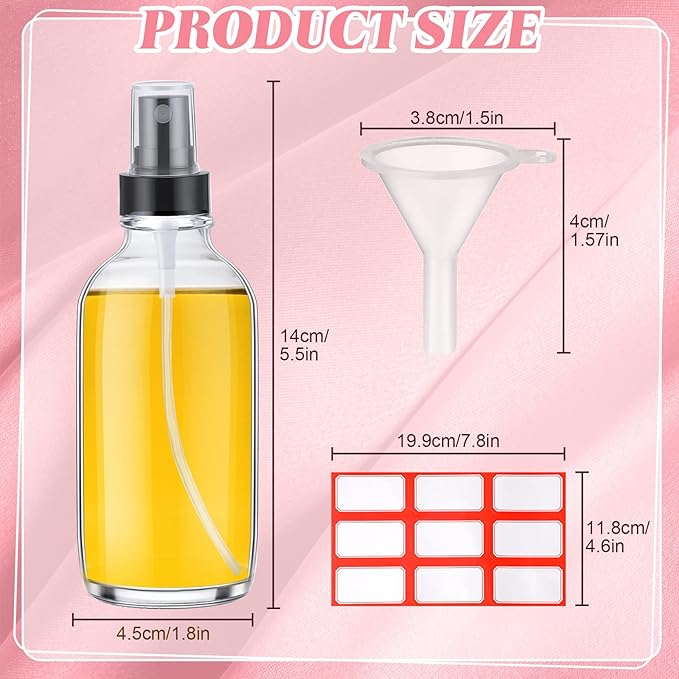 Fumete 36 Pcs Glass Spray Bottles 4oz Fine Mist Glass Spray Bottle Refillable Liquid Containers with 6 Labels 6 Funnel for Hair Travel Plants Cleaning Solutions Skin Care(Clear,Classic)