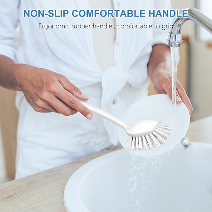 SetSail Dish Brush with Handle, 3 Pack Stiff Bristles Dish Scrubber with Built-in Scraper Dish Scrub Brushes for Cleaning Dishes, Pots and Pans, Kitchen Sink, 3 Pack, Black White