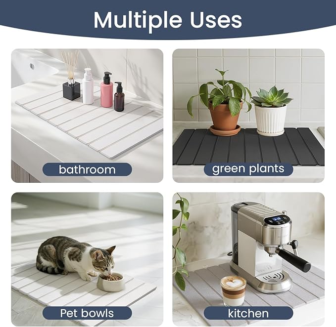 Meowoo Stone Drying Mat for Kitchen Counter, 15.7"x11.8" Foldable Diatomaceous Earth Mat, Super Absorbent, Quick-Dry Bath & Kitchen Pad for Dishes, Cups, Non-Slip, Fit Any Countertop - Light Gray