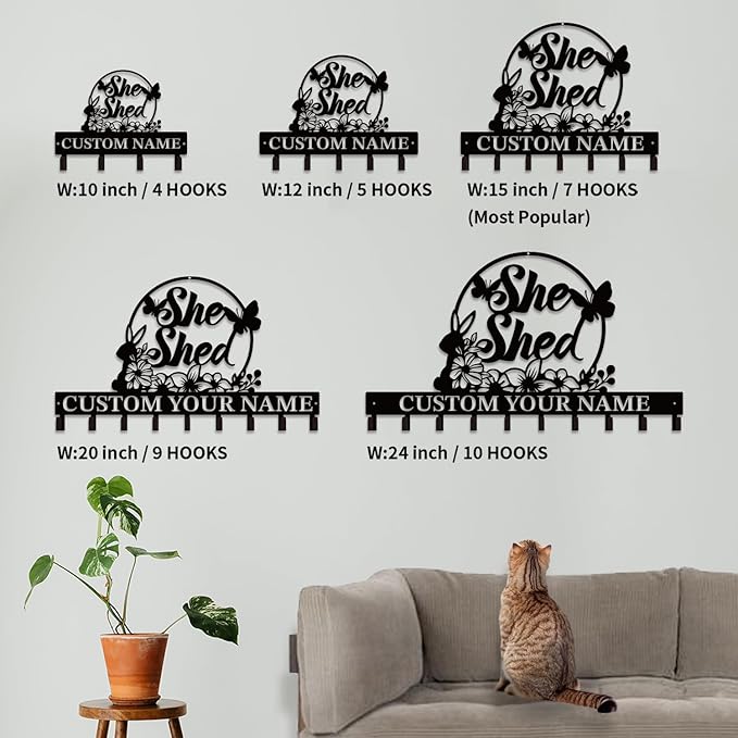 Personalized She Shed Metal Keys Hooks,Custom Name Metal She Shed Keys Hooks,Black Metal She Shed Wall Home Storage Decorative Keys Hooks,Key Holder Hooks for Wall (Style I)