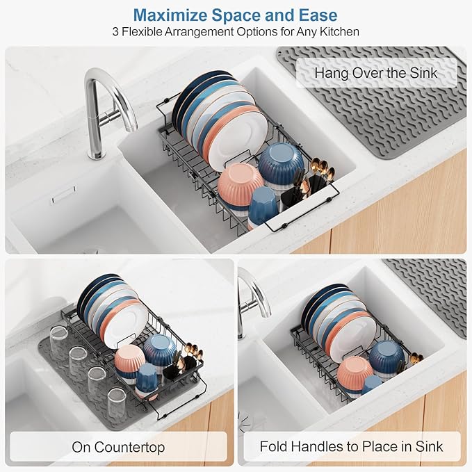 iSPECLE Expandable Dish Drying Rack with Silicone Mat for Large Kitchen Sink or On Counter, Rust Resistant Adjustable Over The Sink Dish Drainer with Tightening Knob, 12.8" W x 15.8"-20.7" L, Black