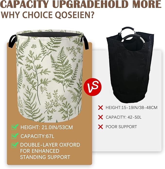 Sage Green Collapsible Laundry Baskets,Eucalyptus Leaves Laundry Hamper,Storage Basket with Handles for Bathroom Bedroom College Dormitory Living Room Nursery Organizer 16"x20"