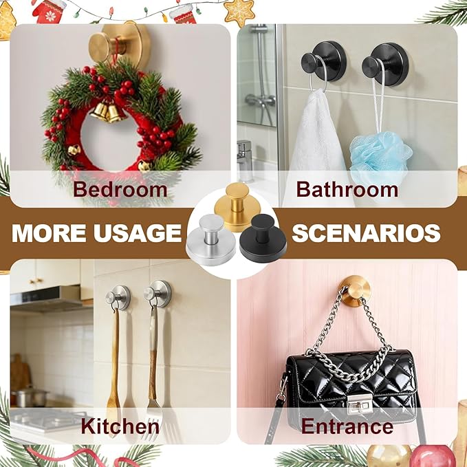 Suction Cup Hooks, Suction Cup Hooks for Shower,Removable Towel Hooks for Bathroom Window Glass Door Wall, Bath Robe Looafh Wreath Hook for Hanging (Gold) (Black, 2 pcs)