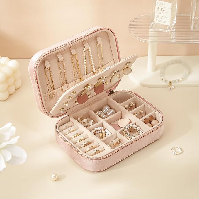 CASEGRACE Plush Velvet Travel Jewelry Box, Portable Jewelry Case for Women Girls, Double Layer Jewelry Organizer Display Box for Necklace Earring Rings Bracelet, Travel Accessory Gifts, Pink