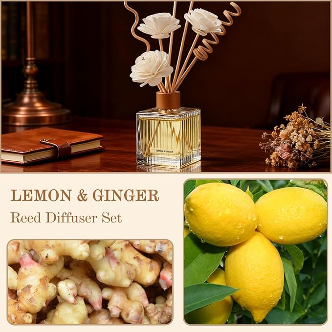 Lemon & Ginger Reed Diffuser Set - 6.7 oz Glass Bottle with 4 Rattan Sticks,3 Dried Flowers,Adjustable,Long-Lasting Scent for Home,Bedroom,Living Room,Office,Bathroom,Aromatherapy Gift Set