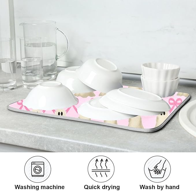 Halloween Ghost Bow Dish Drying Mat for Kitchen Countertop 18x24 Pink Bowknot Spooky Large Drying Mat Reusable Quick Dry Dish Sink Mats Easy Clean Decorative Essentials