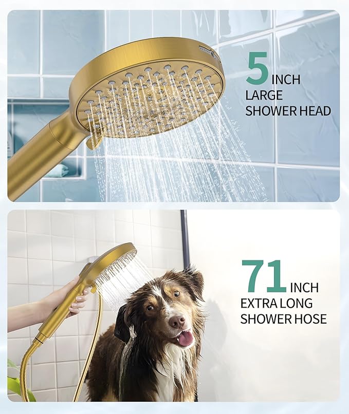 Filtered Shower Head with Handheld, High Pressure 9 Spray Mode Brushed Gold Showerhead with Filters, Detachable Shower Head, Water Softener Filters Beads for Hard Water - Remove Chlorine
