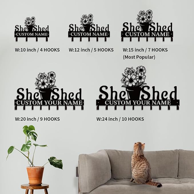 Personalized She Shed Metal Keys Hooks,Custom Name Metal She Shed Keys Hooks,Black Metal She Shed Wall Home Storage Decorative Keys Hooks,Key Holder Hooks for Wall (Style J)