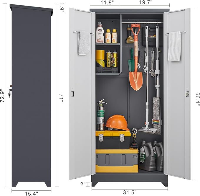 73''H Outdoor Metal Storage Cabinet, Garage Storage Cabinets with Shelves & Locking Doors, Broom Cabinets for Cleaning Supplies, Waterproof Storage Shed for Garden, Porch（15.4" D x 31.5" W ）