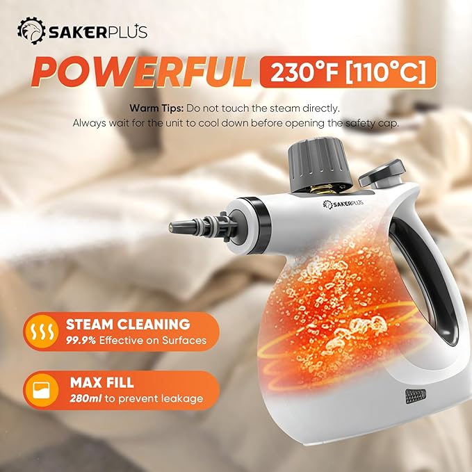 SakerPlus Steam Disinfection Cleaner, Handheld Pressurized Steamer with 9-Piece Accessories for Multi-Surface Cleaning, Natural Sanitization for Kitchen, Floor (1 x Steam Cleaner Kit + 4 Fiber Cloths)