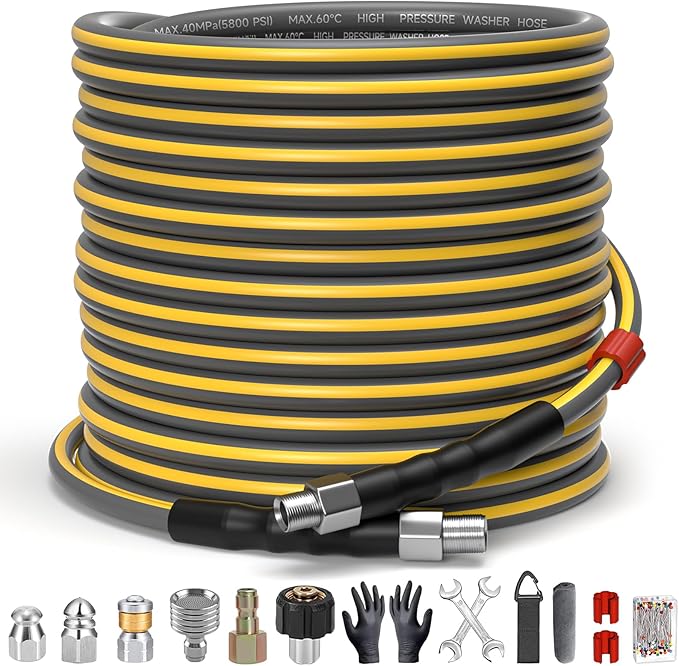 TUTULUCK Sewer Jetter Kit for Pressure Washer, 5800PSI Drain Cleaner Hose 1/4 Inch NPT Corner,Showerhead,Rotating rotates,Mushroom Nose,Corner sewer nozzle(100FT)