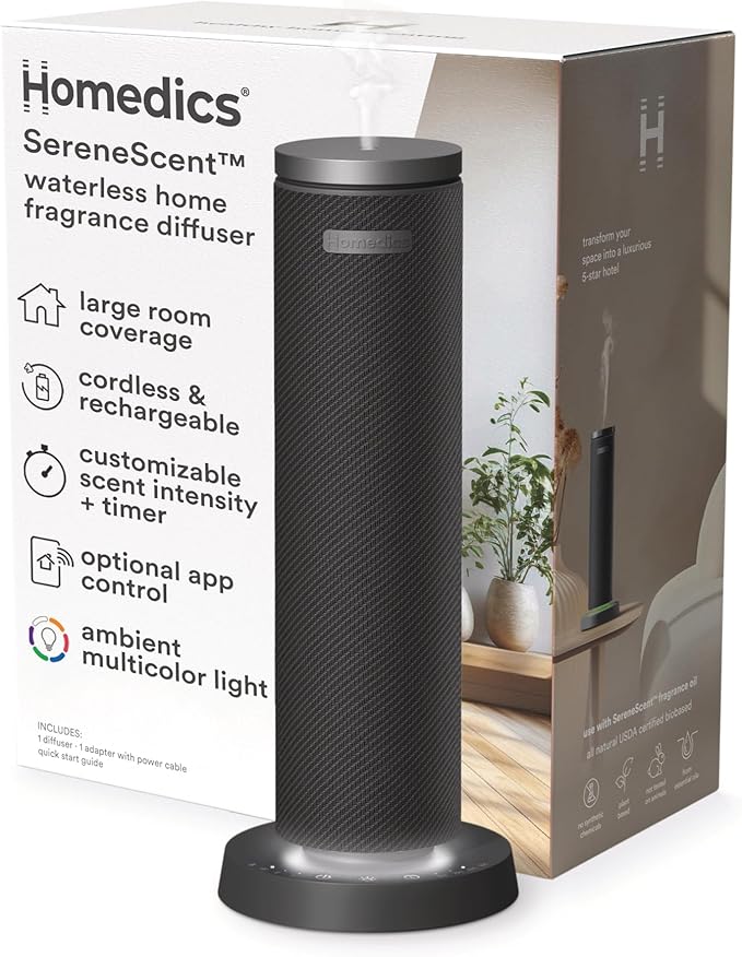 Homedics SereneScent Fabric Rechargeable Waterless Diffuser, Use with Homedics SereneScent Oil 120ml (Sold Separately) Cordless Aromatherapy, Adjustable Mist & Timer, 6 Calming Lights, Black