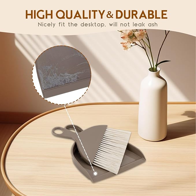 THINKLEARN 2PCS Small Broom and Dustpan Set, Mini Dust Pan and Brush, Hand Whisk for Pets, Kids, Desk, Home, Camping, Brown Cleaning Supplies